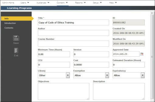 Learning programs page, info tab